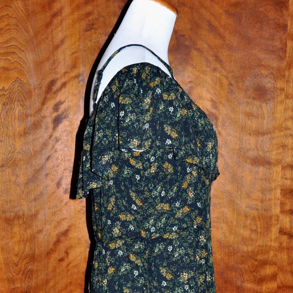 Mossimo Dark Green Floral Off Shoulder Flutter Sleeve Sun Dress Size L - Picture 5 of 9